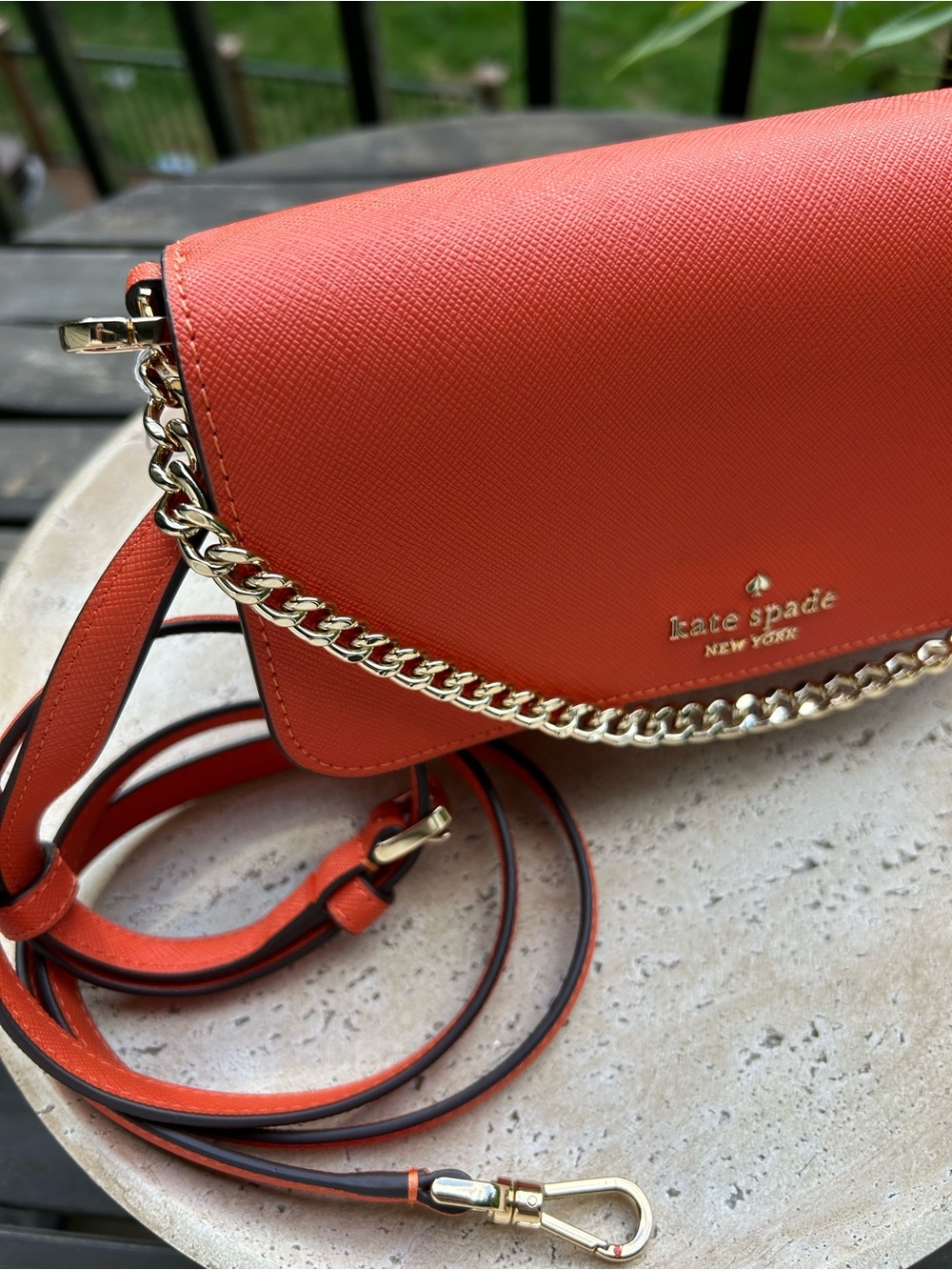 Kate Spade Mini Flip Chain Crossbody NWT Fiery Orange Saffiano PVC Gold Chain